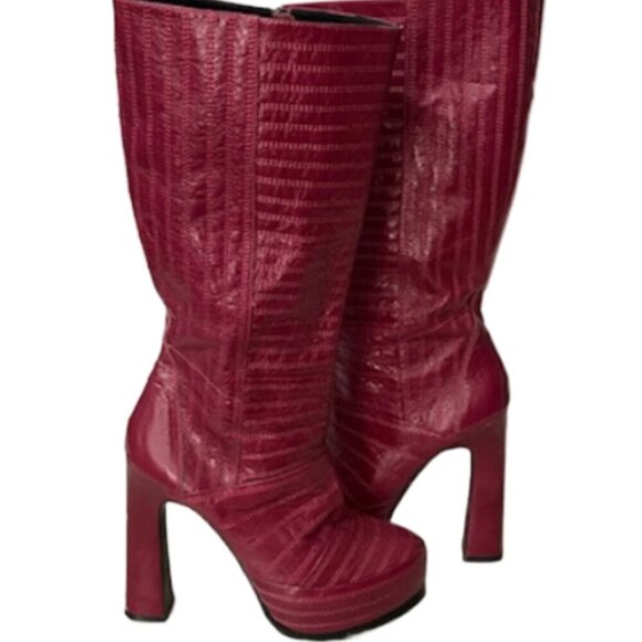 AMAZING MOJO MOXY Magenta Leather Knee High Chunky Boots 8 Y2K BRATZ Whimsigoth - Picture 1 of 9